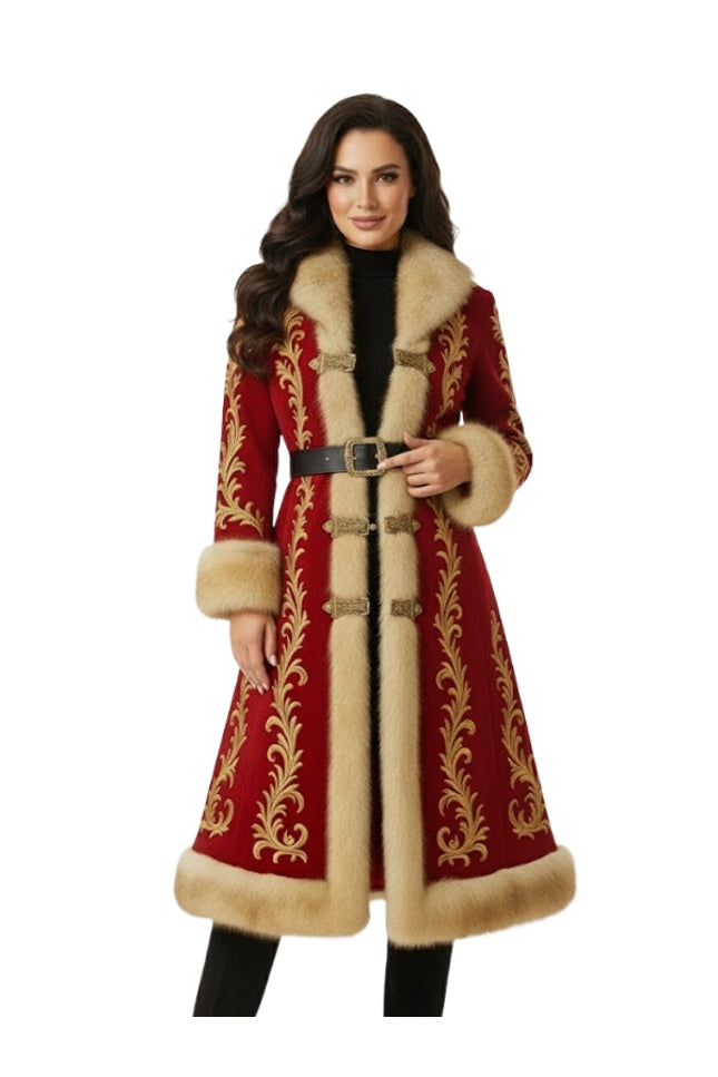 Woman wearing a red coat with gold embroidery and fur trim on a white background