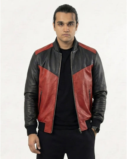 Man wearing a red and black leather jacket on a white background