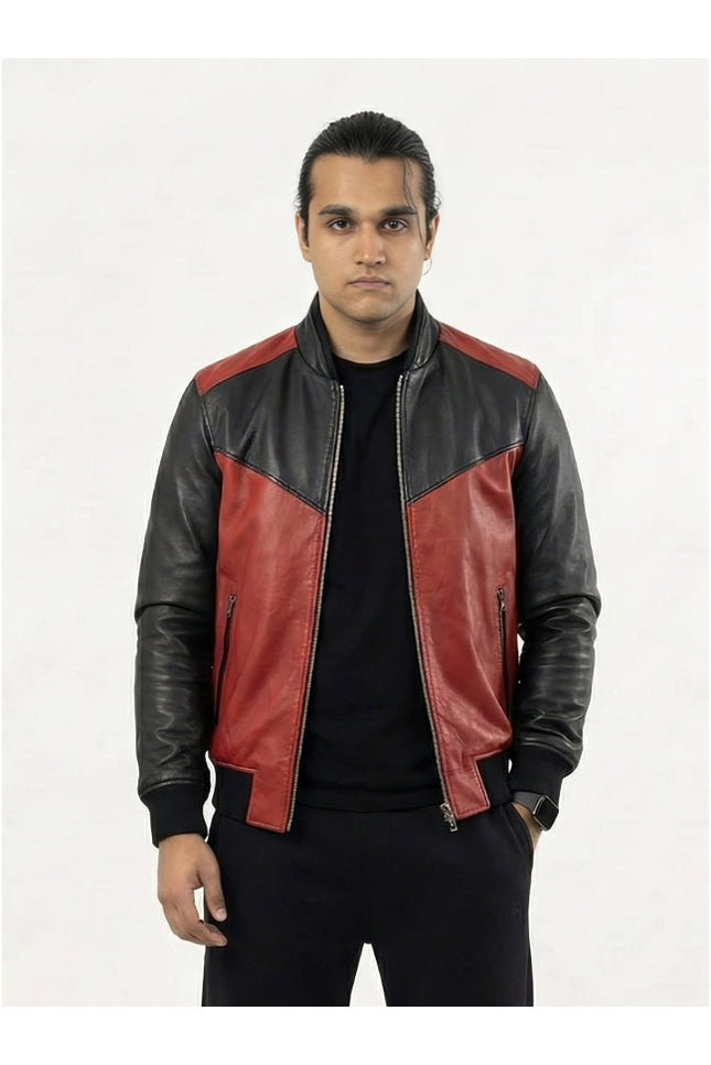 Man wearing a red and black leather jacket on a white background