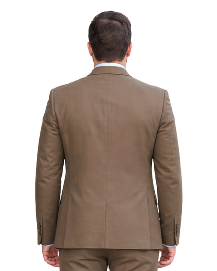 Brown suit jacket worn by a person on a white background