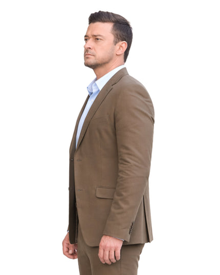 Man wearing a brown suit jacket on a white background