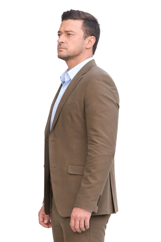 Man wearing a brown suit jacket on a white background