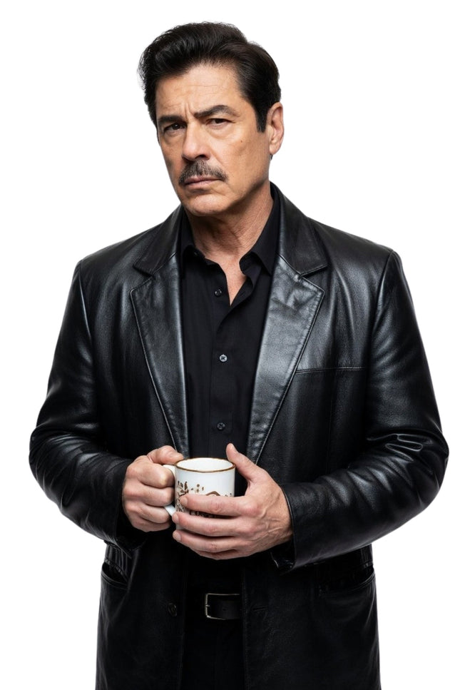Man in a black leather jacket holding a white mug on a white background