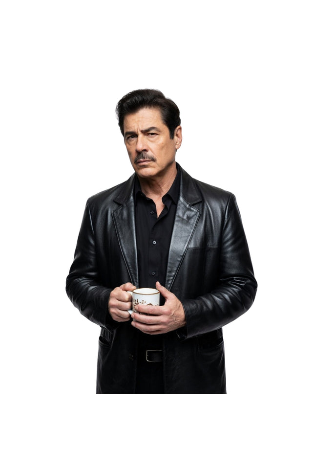 Man in a black leather jacket holding a white mug on a white background
