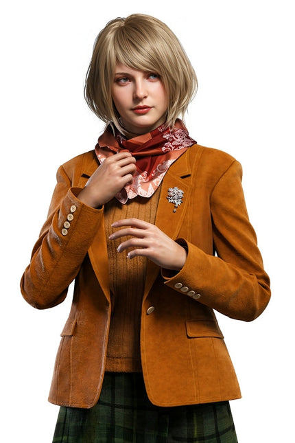 Woman wearing a brown jacket with a scarf and brooch on a white background