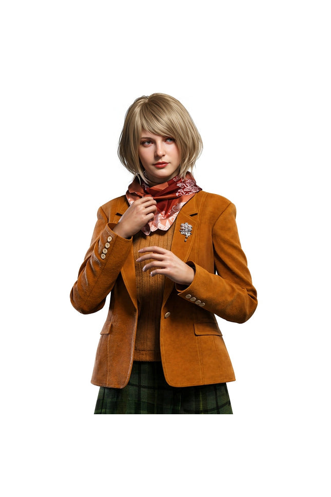 Woman wearing a brown jacket with a scarf and brooch on a white background