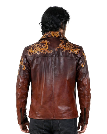 Brown leather jacket with gold embroidery on a white background