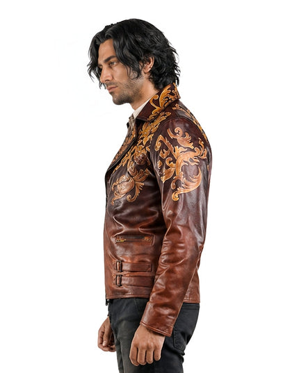 Man wearing a brown leather jacket with gold embroidery on a white background