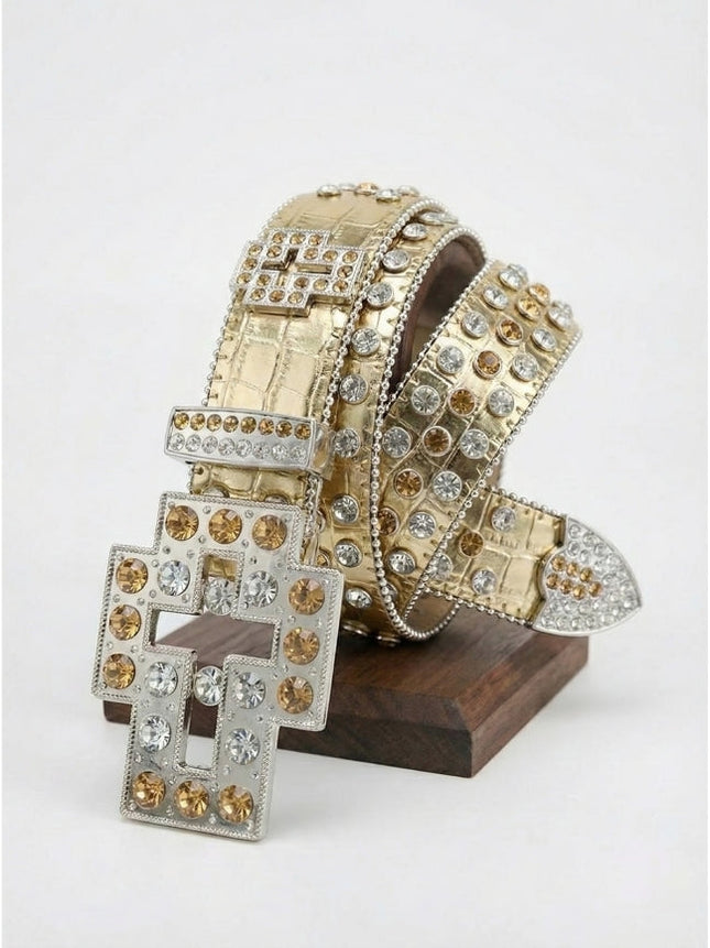 Rhinestone Bold Cross Belt - Studded Design