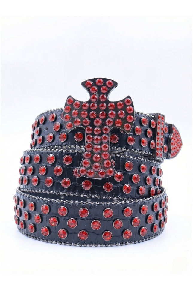 Black belt with red gemstones on a white background