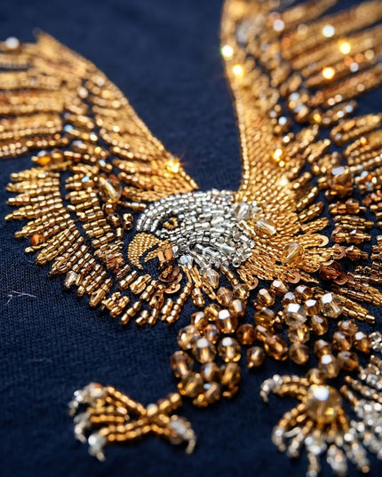 Gold embroidered eagle design on a dark blue fabric background
