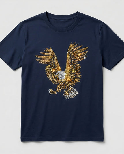 Navy blue t-shirt with a gold eagle design on a light gray background
