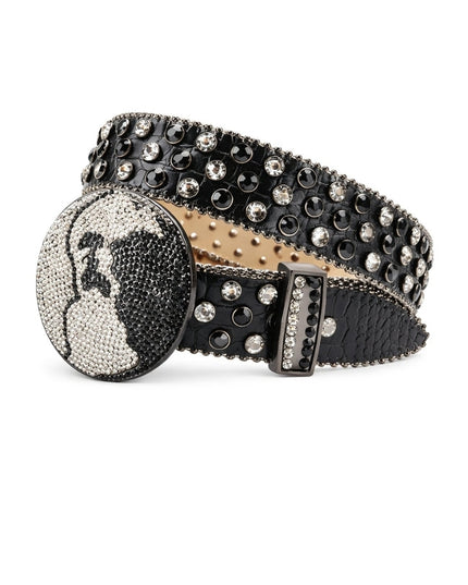 Black studded belt with a decorative buckle on a white background