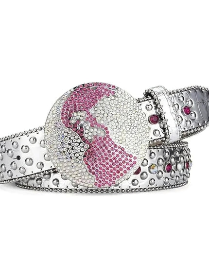 Silver belt with pink and white heart design on a white background