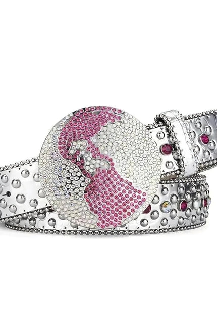 Silver belt with pink and white heart design on a white background
