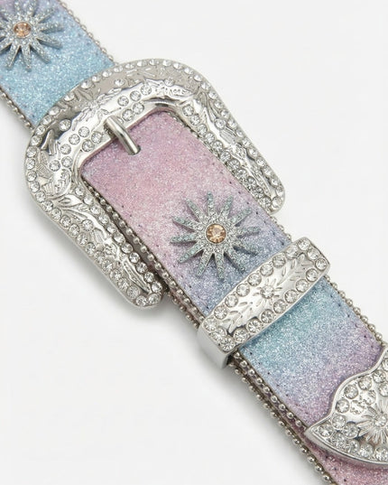 Decorative belt with pastel colors and sparkling embellishments on a white background