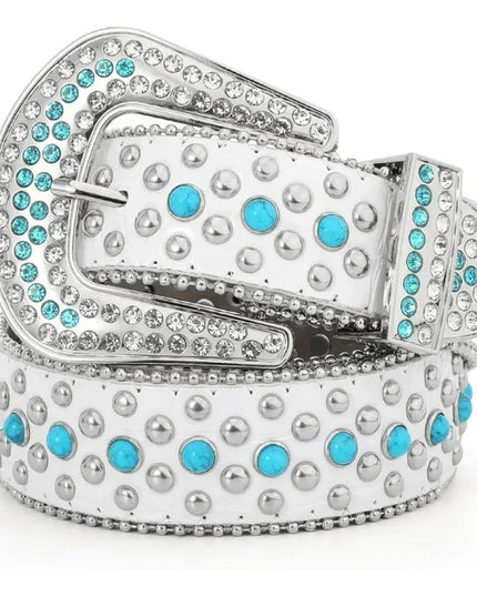 Belt with turquoise and silver studs on a white background