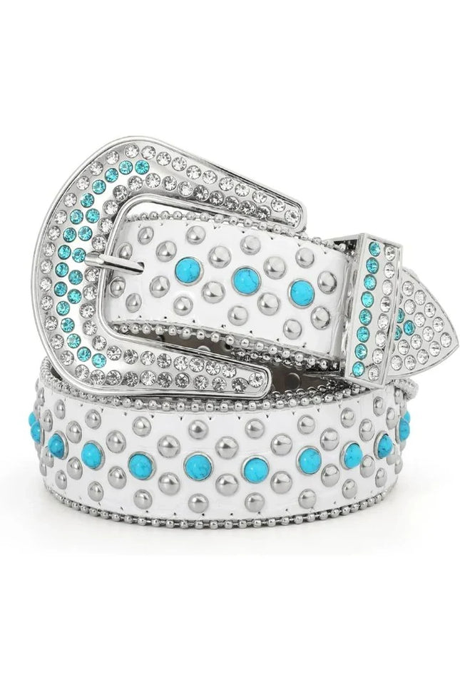 Belt with turquoise and silver studs on a white background