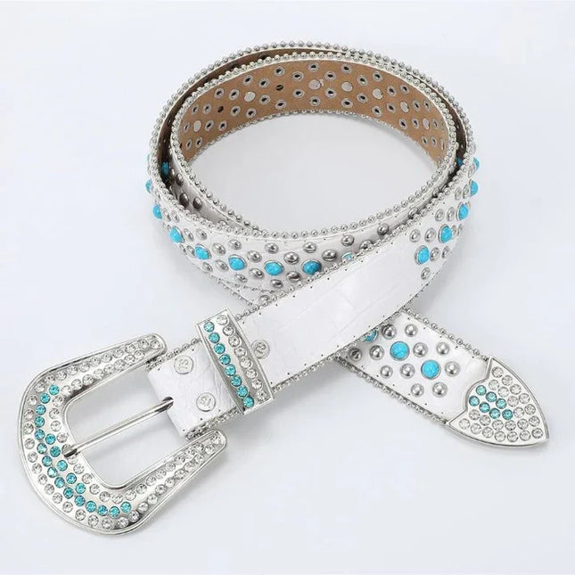 White belt with turquoise stones and silver buckle on a white background