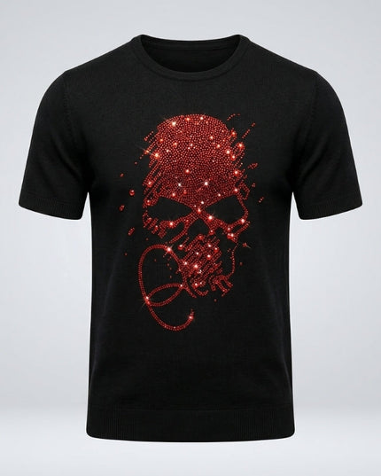 Black t-shirt with a red skull design on a light gray background