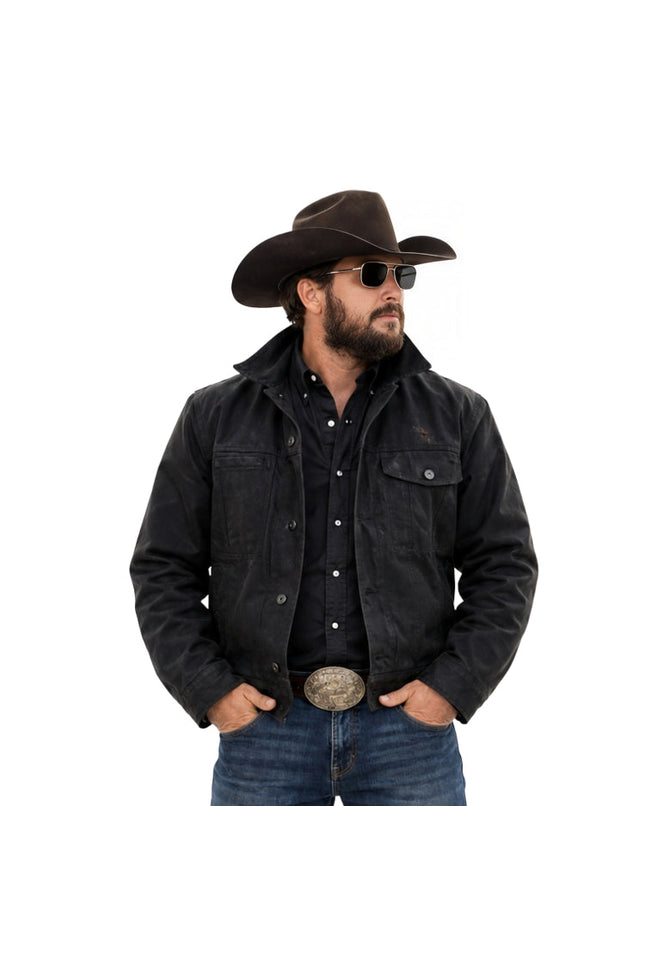 Man wearing a black jacket, jeans, and a cowboy hat on a white background