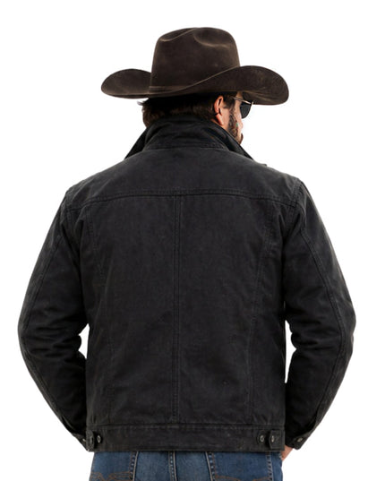 Man wearing a black jacket and brown cowboy hat on a white background