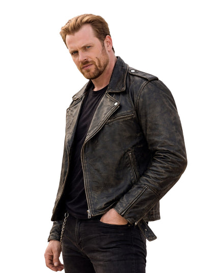 Man wearing a black leather jacket on a white background