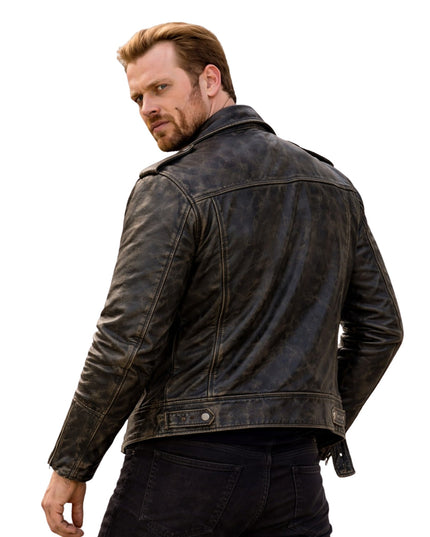 Man wearing a dark leather jacket on a white background