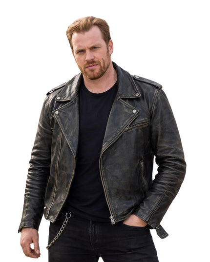 Man wearing a black leather jacket on a white background