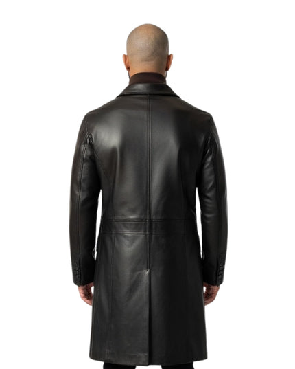 Man wearing a black leather coat on a white background