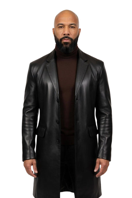 Man wearing a black leather coat on a white background