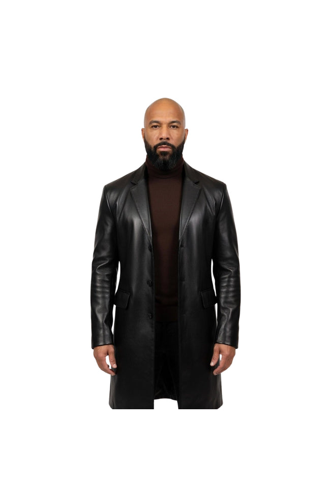 Man wearing a black leather coat on a white background