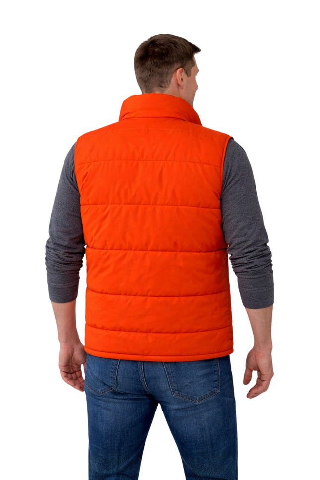 Person wearing an orange puffer vest on a white background