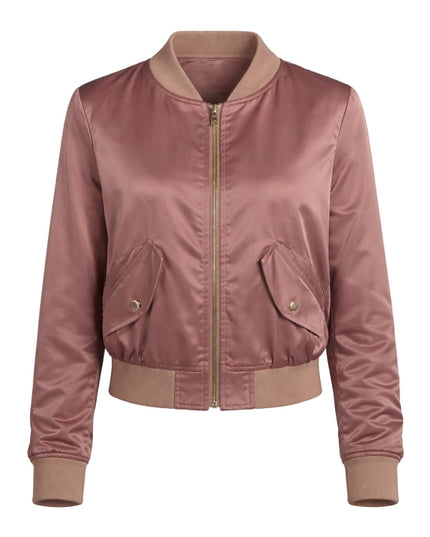 Pink bomber jacket with brown collar and cuffs on a white background