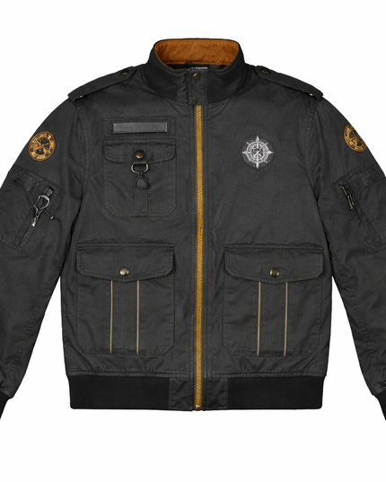 Black jacket with gold zipper and patches on a white background
