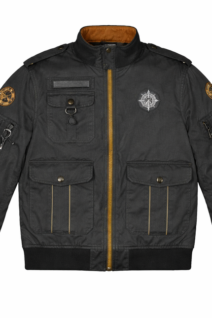 Black jacket with gold zipper and patches on a white background