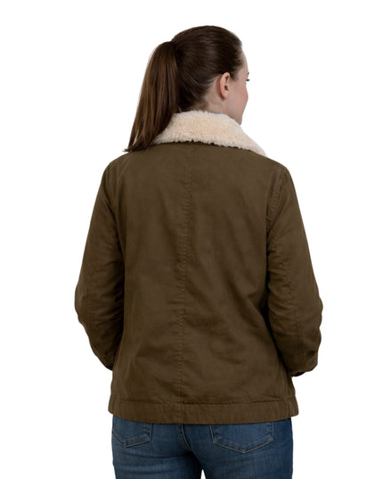 Person wearing a brown jacket with a cream collar on a white background