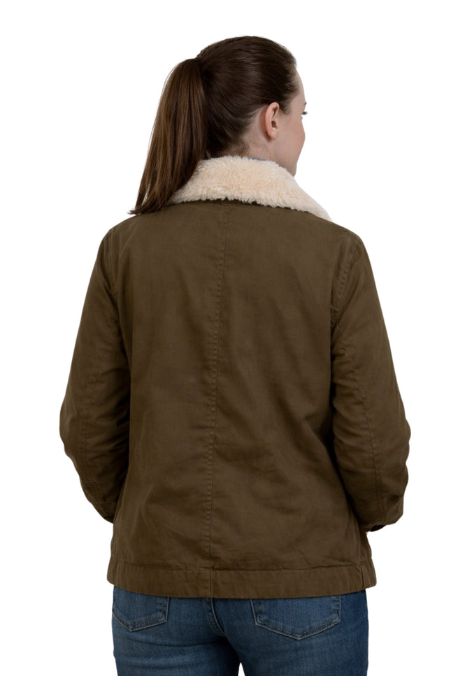 Person wearing a brown jacket with a cream collar on a white background