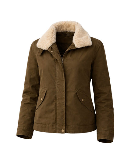 Brown jacket with beige fur collar on a white background