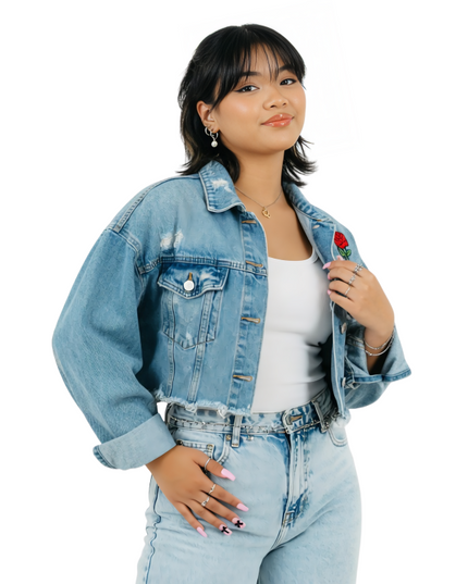 Rose Patch Cropped Denim Jacket