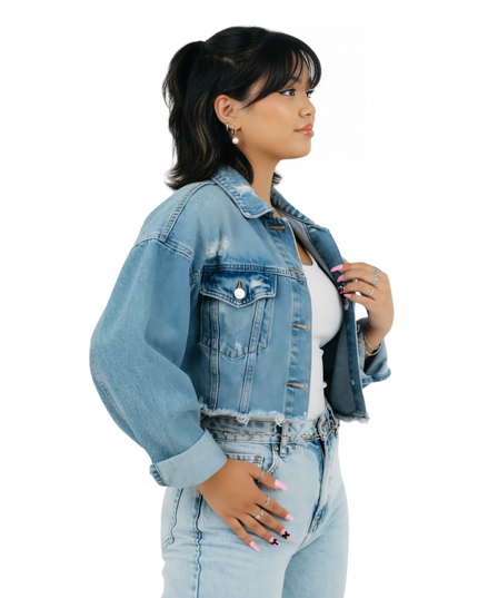 Rose Patch Cropped Denim Jacket Sale