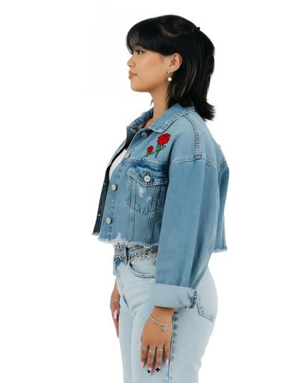 Rose Patch Cropped Denim Jacket Sale Now