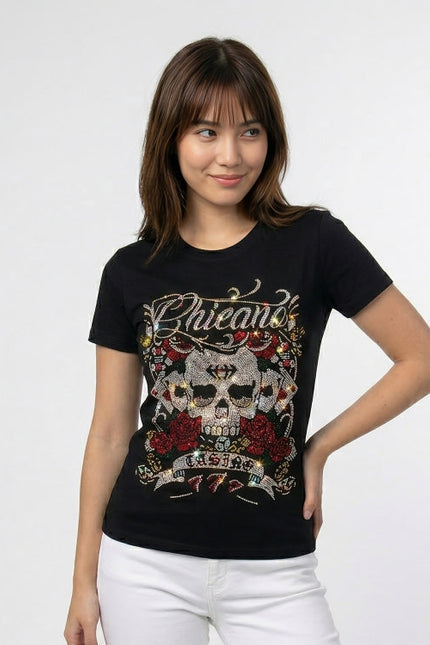 Woman wearing a black t-shirt with a graphic design on a white background