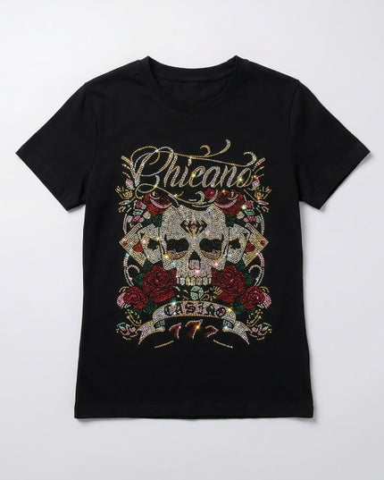Black t-shirt with a skull and roses design on a white background