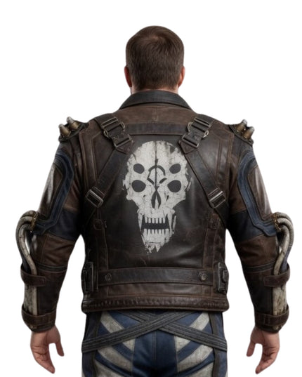 Person wearing a leather jacket with a skull design on the back against a white background