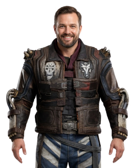 Man wearing a detailed, textured jacket with armor plating on a white background