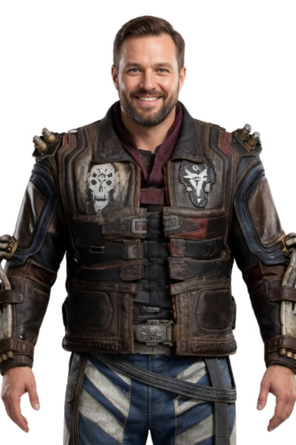 Man wearing a detailed, textured jacket with armor plating on a white background