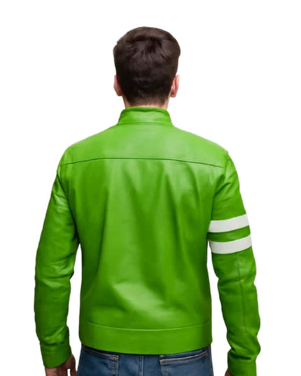 Green leather jacket with white stripes on sleeves worn by a person on a white background