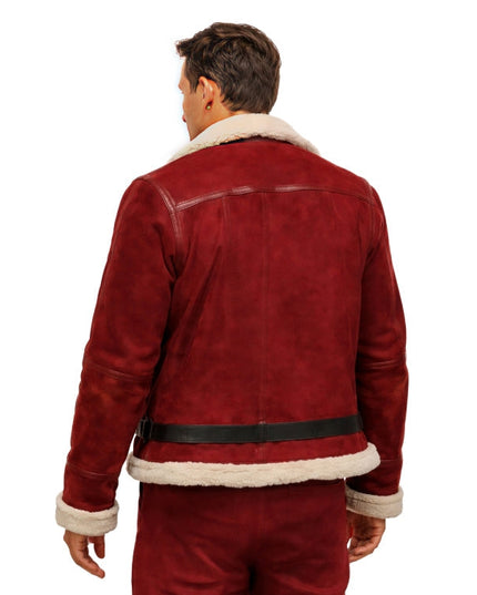 Red suede jacket with white fur lining worn by a person on a white background
