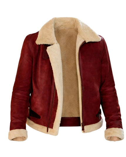 Red leather jacket with beige fur lining on a white background